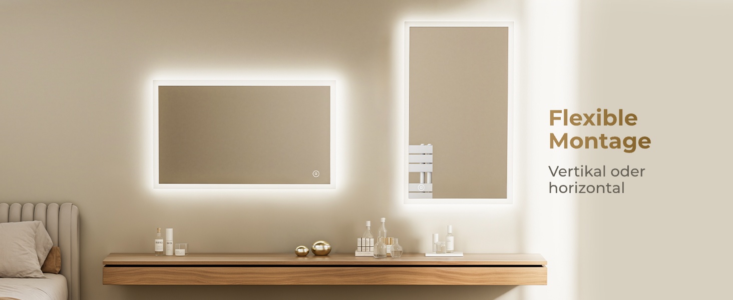 Дзеркало для ванної кімнати з підсвічуванням LED 120x60 см, велике, диммер, сенсорний вимикач, вертикальна/горизонтальна монтаж, 6500K (холодне біле світло)