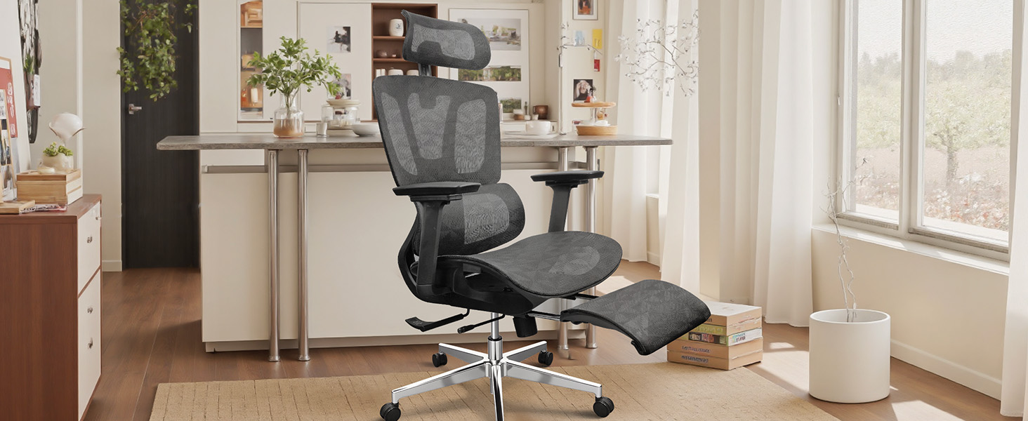 Ергономічне крісло для офісу, 4D підлокітники, регульована глибина сидіння, 4-ступеневий нахил, гумові колеса, сітчаста сидіння, висока спинка, для великих людей, Homeoffice & Gaming, ергономічне крісло для робочого столу (Чорний – з підставкою для ніг, сітчасте сидіння)