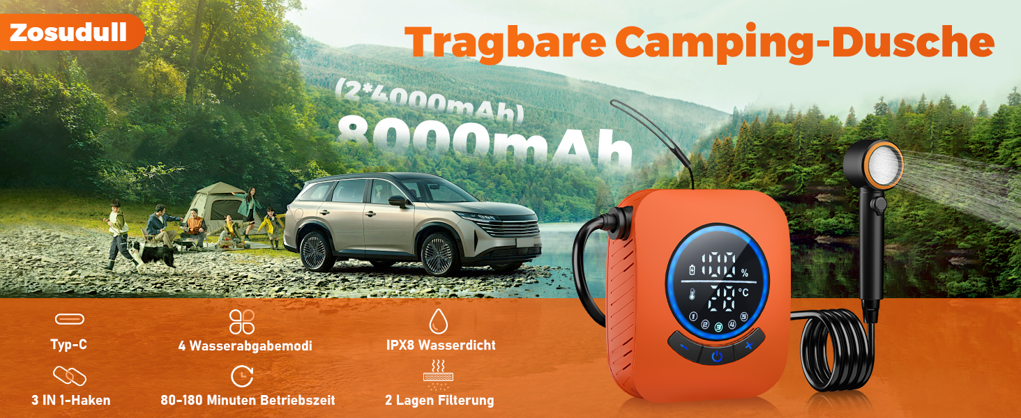 Портативна кемпінгова душа Zosudull 8000mAh з насосом та індикатором температури, з фільтрами та патронами, водонепроникна IPX8, для подорожей, авто, тварин, помаранчевий