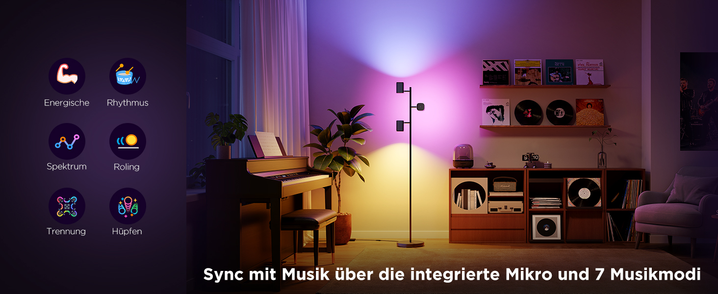 Світлодіодна підлогова лампа Govee 3-Flammen RGBWW, Matter, 1500lm, сумісна з Alexa, 64+ сцени, синхронізація з музикою, 157см, чорна для вітальні, спальні, кабінету