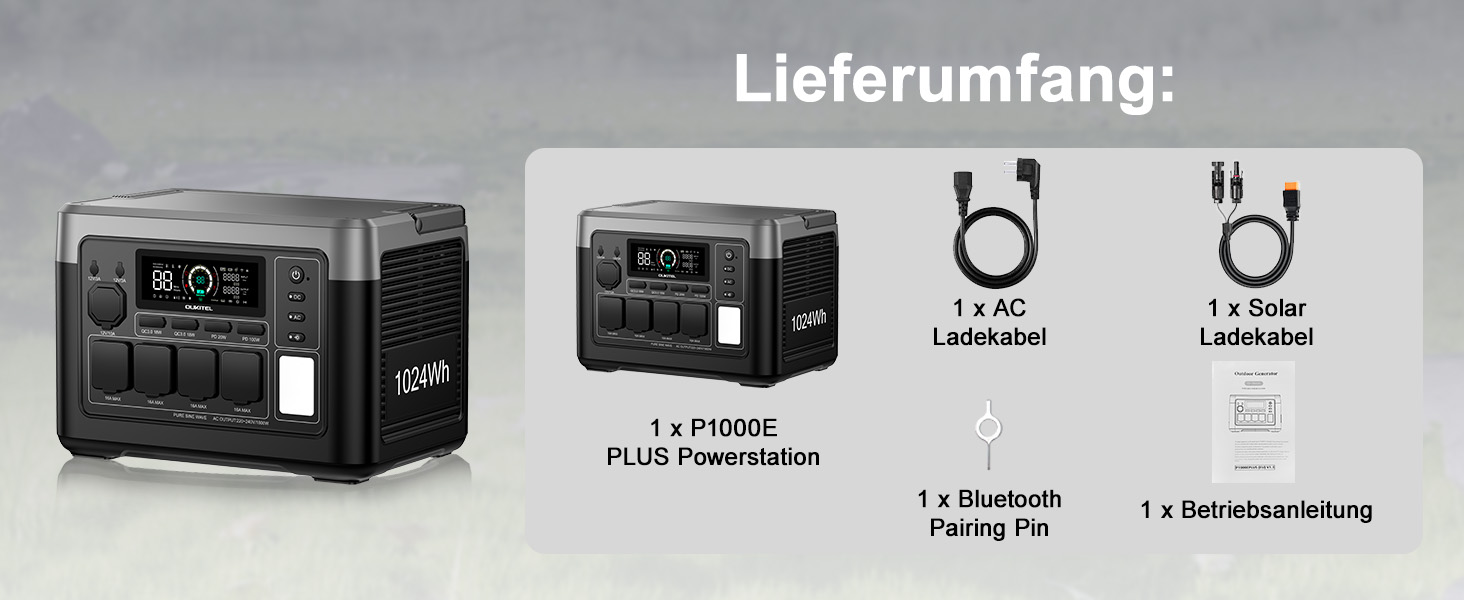 Портативна електростанція OUKITEL P1000E Plus 1024Wh LiFePO4 з сонячною панеллю, 4 виходи AC (3600W пік), 100W USB-C, UPS, для кемпінгу, RV, надзвичайних ситуацій