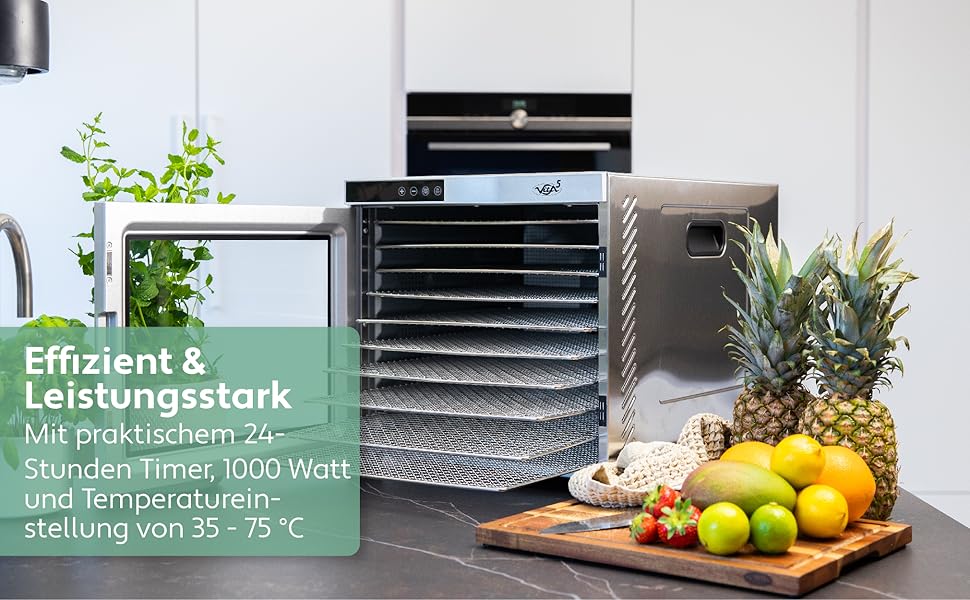 Дегідратор Vita 5 з 6 решітками для сушіння фруктів, овочів та м'яса. Поверхня сушіння 0,7 м², регулювання температури 35-75°C, таймер 24 год, LED дисплей, 650W