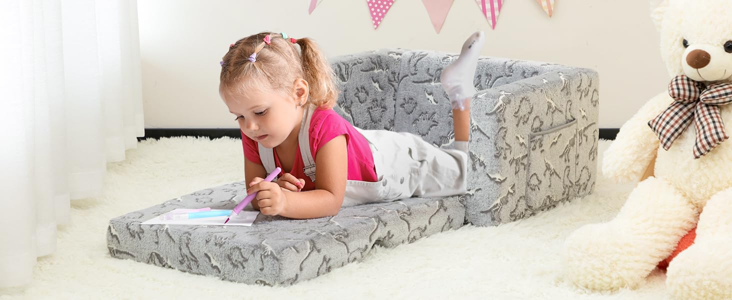 Дитяче диван-ліжко BEJOY 2 в 1 з розкладним механізмом, м'яке крісло, дитячий диван з Sherpa тканини, сірий з динозаврами, ідеальний подарунок для дівчаток та хлопчиків