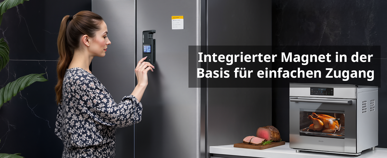 Бездротовий термометр для м'яса AIRMSEN з акумулятором 1000mAh, Bluetooth, LCD-дисплей, дальність 150м, керування через додаток, для приготування на грилі та барбекю, чорний