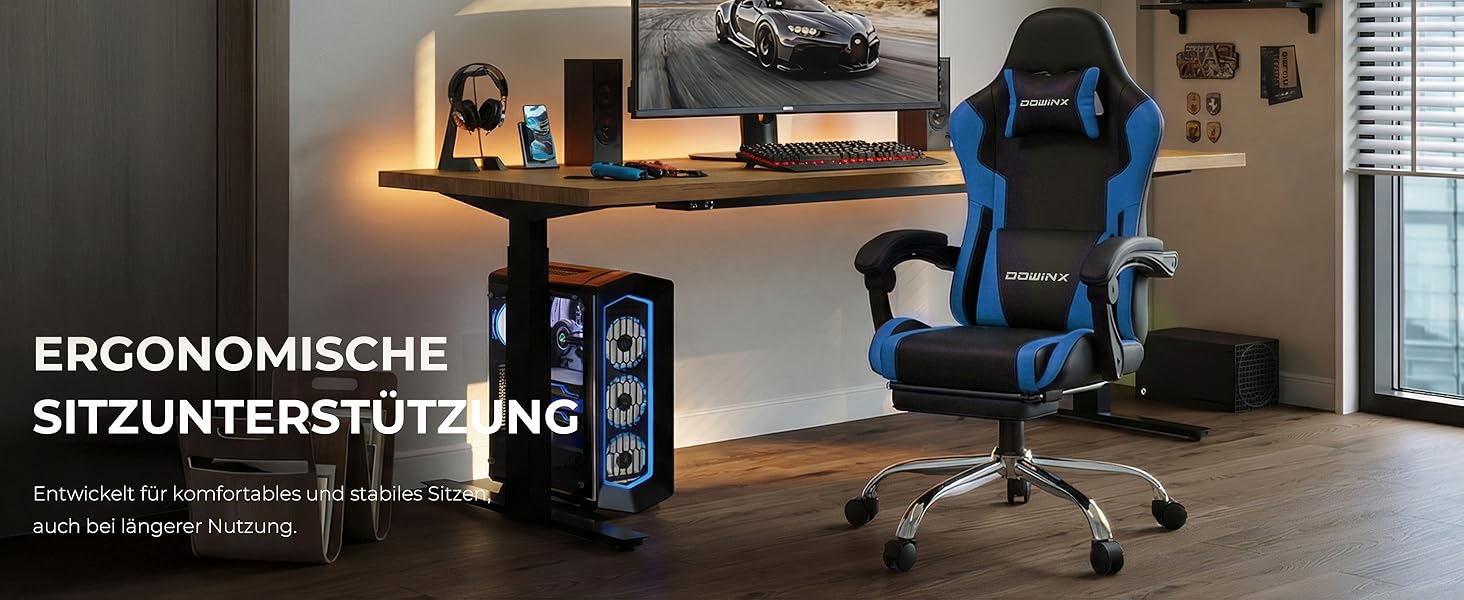 Ігрове крісло Dowinx Ergonomic Gaming Chair з підножкою, синій колір, витримує до 150 кг, регульовані підлокітники, ергономічний стілець для ПК та офісу