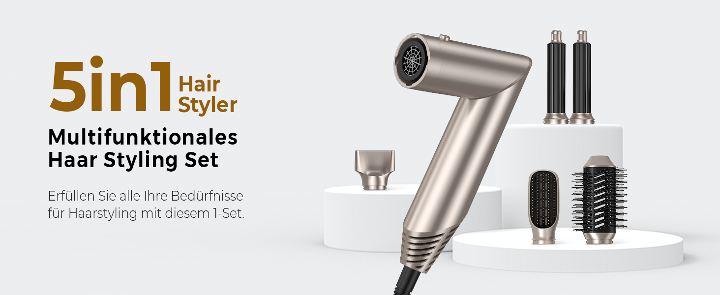 UKLISS Airstyler 5-в-1: Фен-щітка, стайлер для волосся з іонізацією, випрямляч, плойка для локонів, насадки для укладання. Золото-білий колір