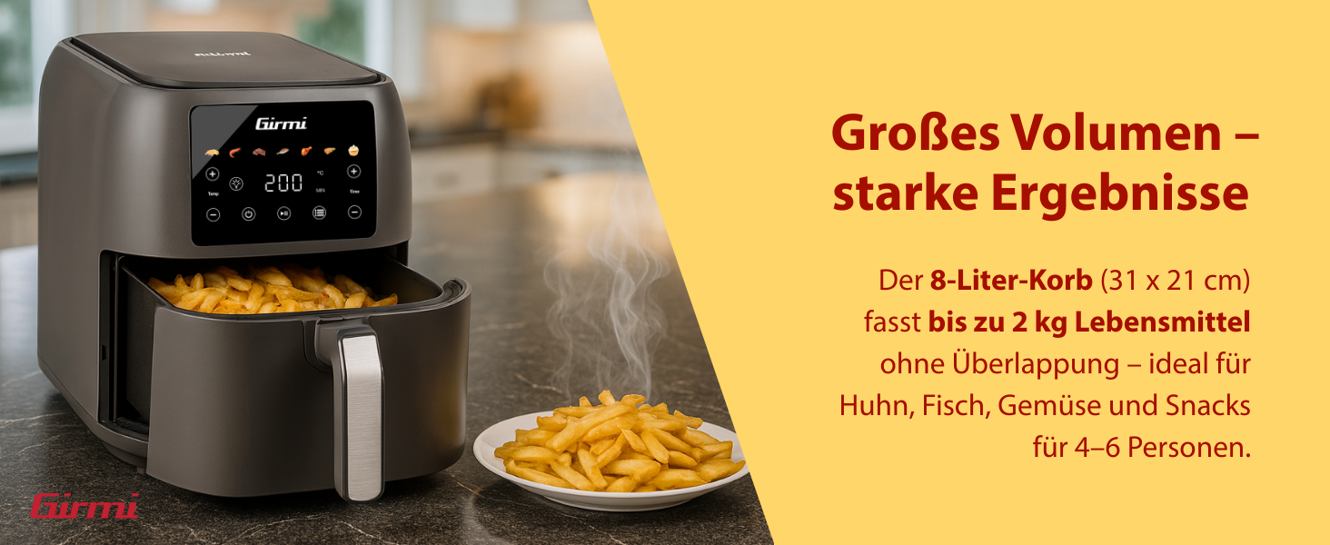 Аерофритюрниця Girmi FG92 Ecofrit Deep XXL 8л, 1700 Вт, цифрова панель керування, 7 програм, антипригарне покриття, матово-сіра