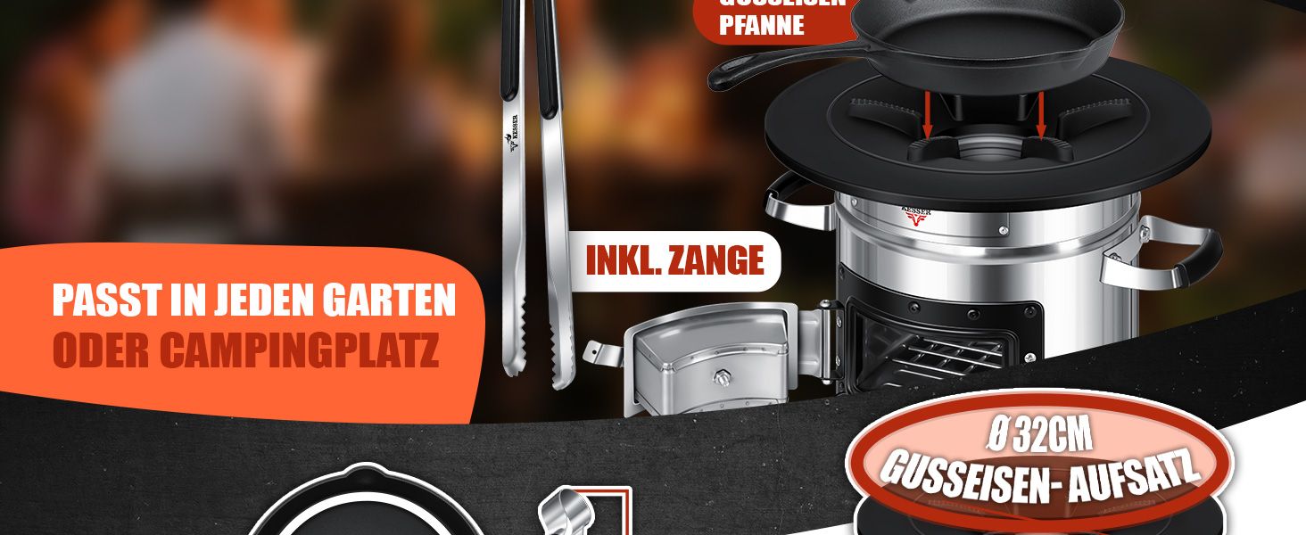Печь-ракета KESSER® з чавунною сковородою-грилем | з щипцями та сумкою | Dutch Oven з 6 шипами | Дров'яна піч-ракета для BBQ | Кухоль для кемпінгу, відпочинку на природі, грилю | Нержавіюча сталь, чорний/сріблястий