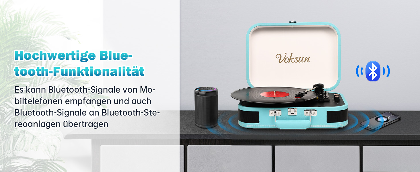 Вініловий програвач з Bluetooth 5.4, вбудованими динаміками, USB, RCA/AUX, переносний у ретро-стилі, 33/45/78 об/хв, синій