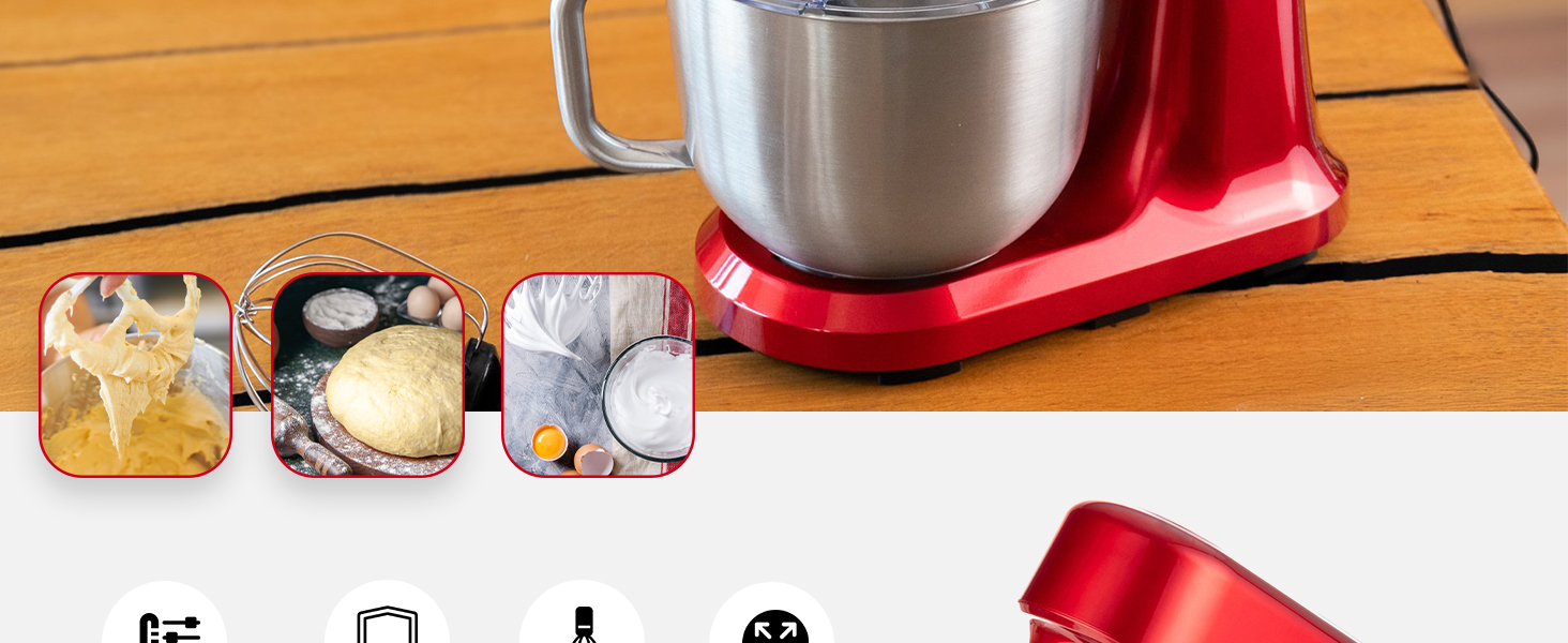 Кухонна машина Lehmann - планетарний міксер з набором аксесуарів - 3 насадки, кришка-розбризкувач, чаша 5л, 12 швидкостей, захист від перегріву, неслизька, червона