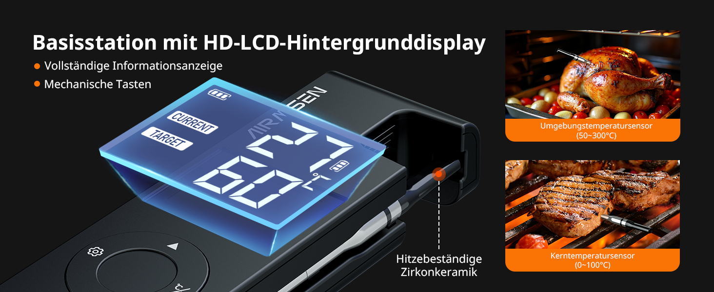 Бездротовий термометр для м'яса AIRMSEN з акумулятором 1000mAh, Bluetooth, LCD-дисплей, дальність 150м, керування через додаток, для приготування на грилі та барбекю, чорний