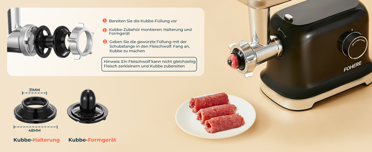 М'ясорубка електрична Fohere 2000 Вт з насадками для ковбас та кубів, 3 диски (3/5/7 мм), чорна