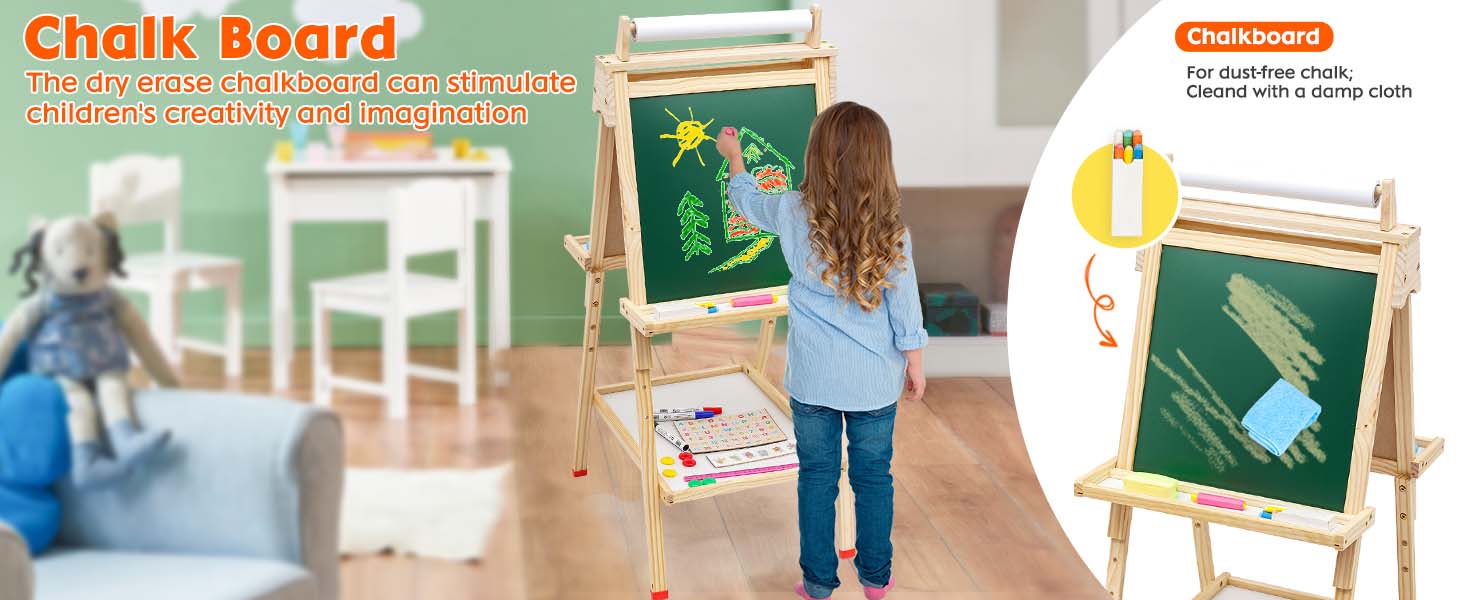 Дитяча мольберт Kinder з паперовою рулонкою, двостороннє Whiteboard та крейдяна дошка, мольберт для малювання з цифрами та аксесуарами, регульована висота, з підстаканником, білий