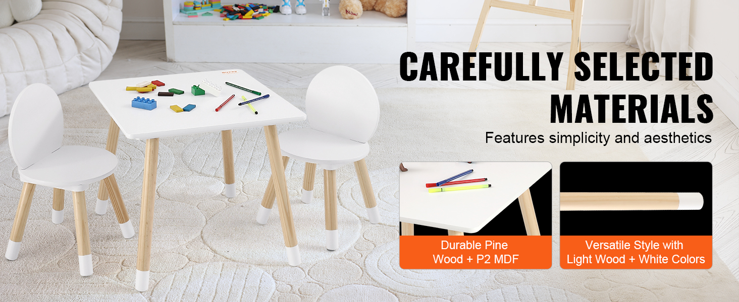Дитячий комплект меблів VEVOR: стіл та 2 стільці для дітей. Комплект меблів для дитячої кімнати з сосни, білий. Міцні дитячі меблі для ігор та навчання.