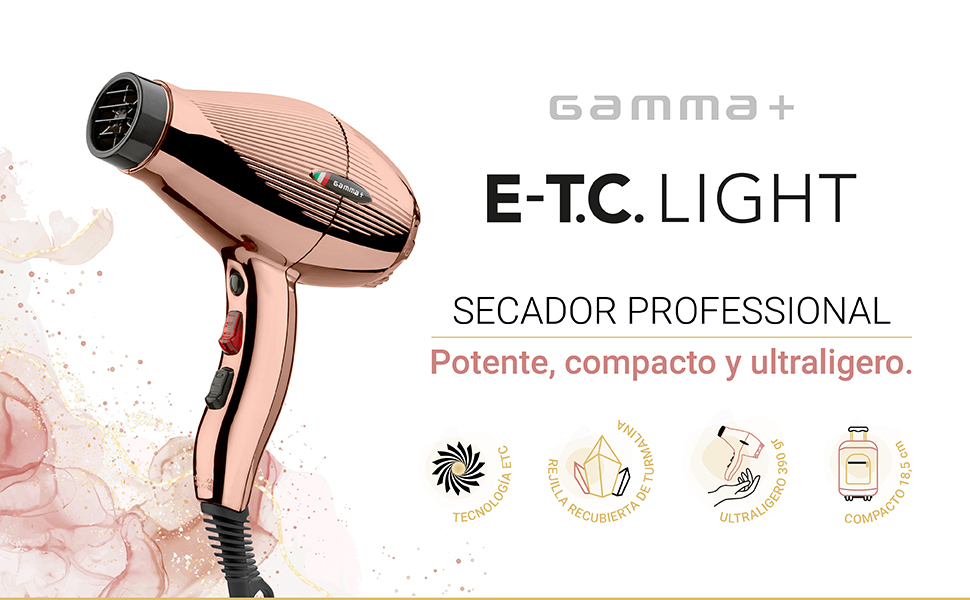 Професійний фен GAMMAPIU E-T.C. Light Premium Gold Rose, 3 температури, тихий, 3 температури, генератор іонних генів, 430 г, перукарня, турмалінова сітка, W 1800-2100