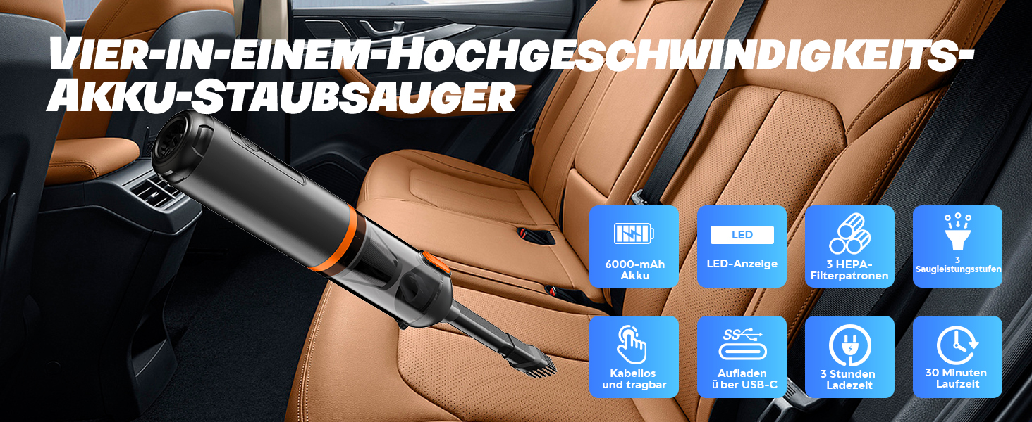 Акумуляторний ручний пилосос для авто та дому 4-в-1, безщітковий мотор, потужність 26000Па, 3 режими всмоктування, з підсвіткою (Помаранчевий)