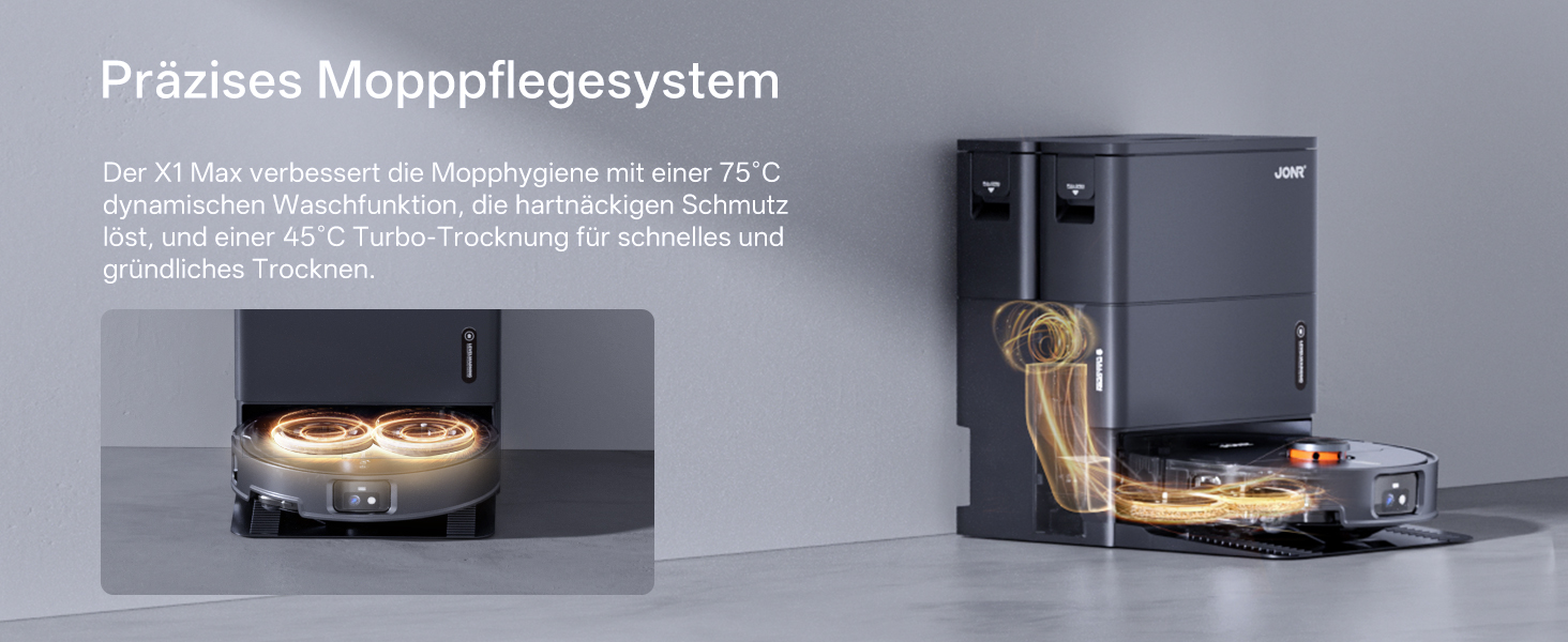 Робот-пилосос JONR X1 Max з функцією миття, 20000 Па, перешкоди 30 мм, миття гарячою водою 75°C, швидке сушіння гарячим повітрям 45°C, уникнення перешкод за допомогою ШІ та 360° навігація