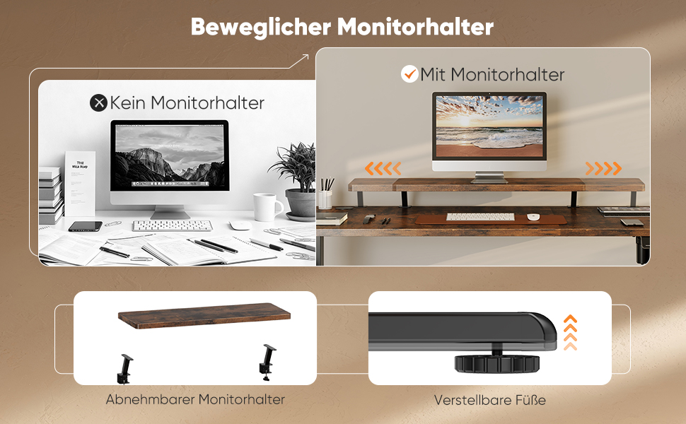 Регульований стіл Sweetcrispy з підставкою для монітора, 120 x 60 см. Електричний, ергономічний стіл для стоячи/сидячи, комп'ютерний стіл, вінтажний коричневий, 120 x 60 см