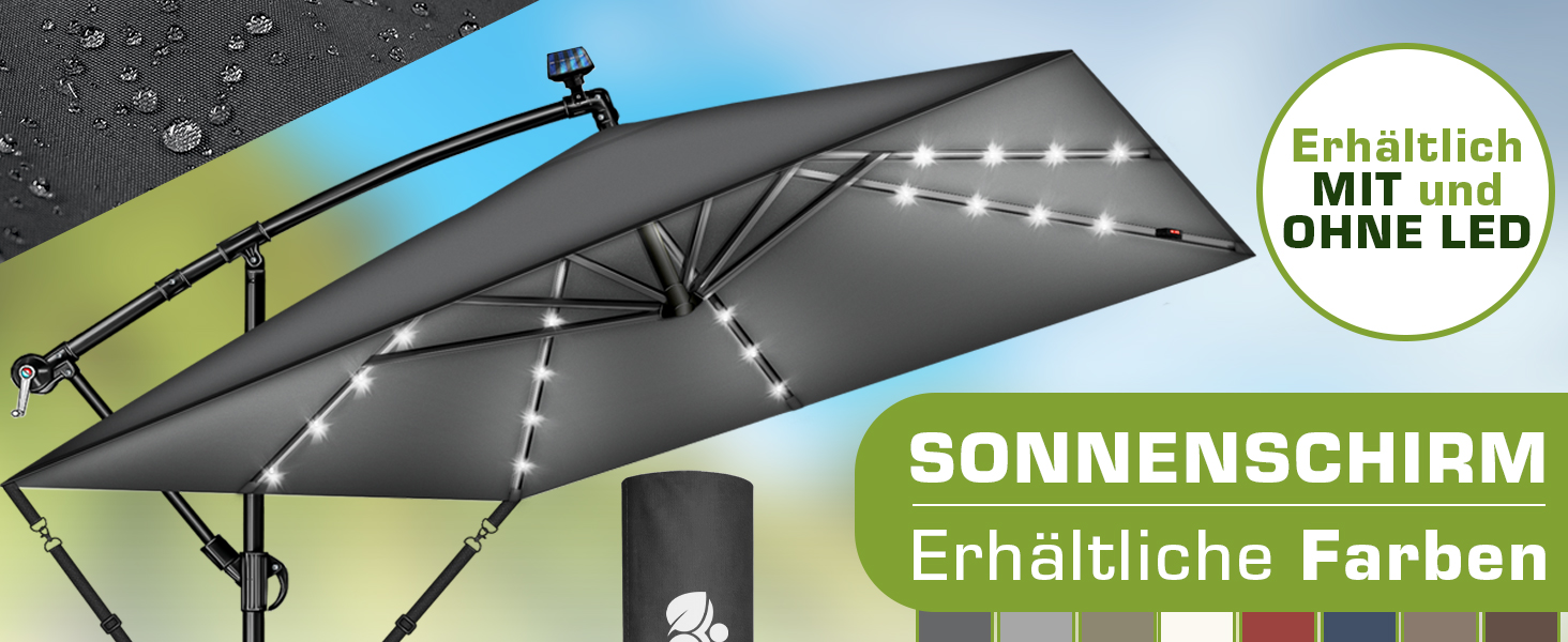 Прямокутна алюмінієва сонячна парасолька tillvex® 330 см з LED-підсвіткою, ручкою та чохлом, антрацит — підвісна садова парасолька з захистом від UV та вітру