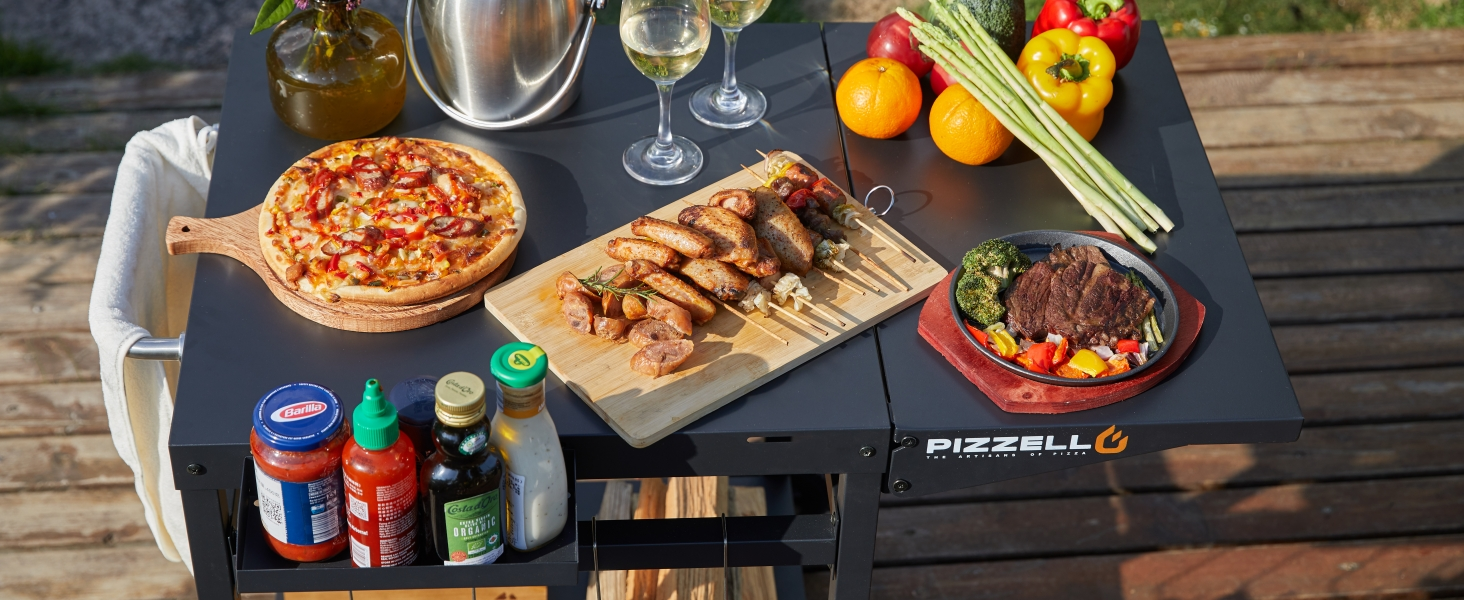 Гриль-візок PIZELLO з підготовчою станцією: візок для гриля, піца-стіл, сервірувальний візок з коліщатками, гачки, ручка, трансформована робоча поверхня, чорний
