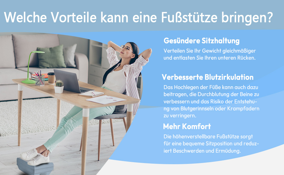 Підставка для ніг під стіл Dowinx, регульована по висоті, знімний чохол, зручна для офісу, авто, дому (3 шари, блакитна)