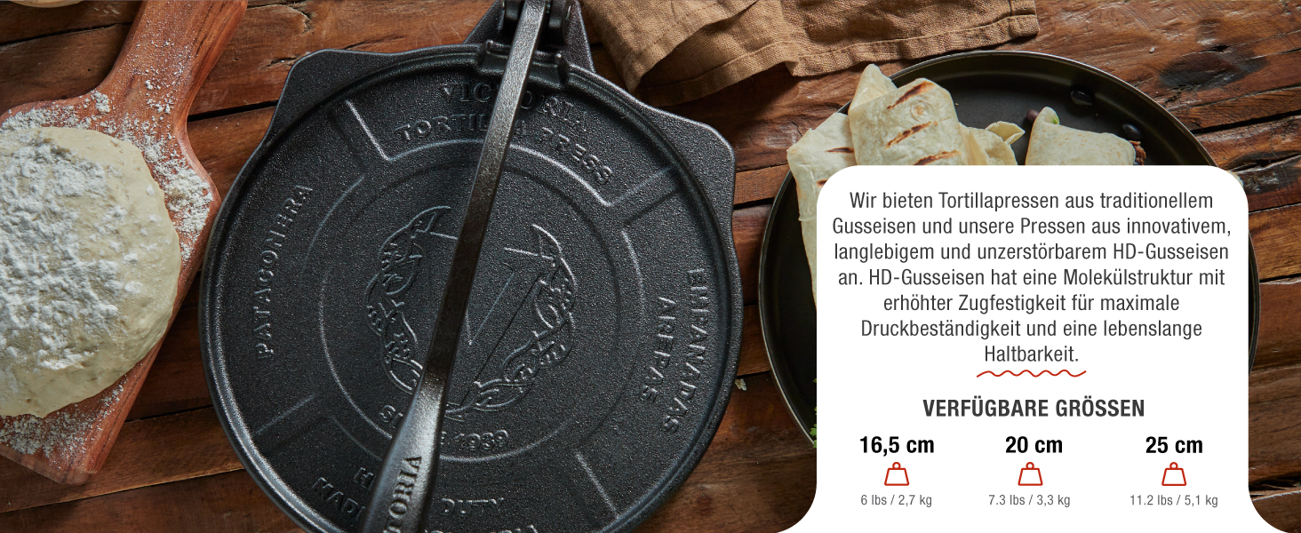 Прес для тортилій Victoria, чавун, 20 см: для тако, арепа, кесаділья, емпанада, патакон