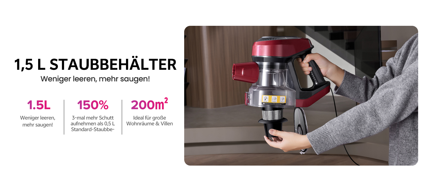 Ручний пилосос Vexilar C8 з кабелем - 600W, 60kPa, 7м кабель, безперешкодна щітка для підлоги, 1.5L безмішковий контейнер для твердих поверхонь, килимів та шерсті тварин