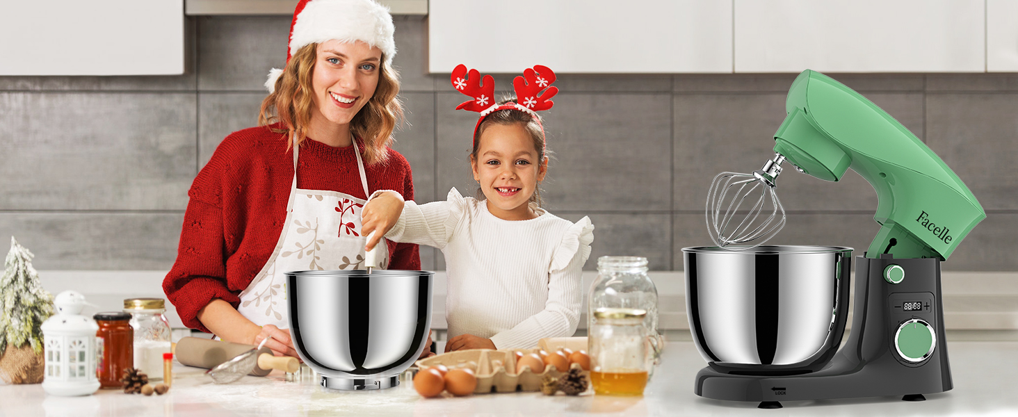 Кухонна машина-міксер Facelle 1500W з великою чашею 5.5/4.5л, 10+ програм, тиха робота, набір насадок (зелено-сірий)
