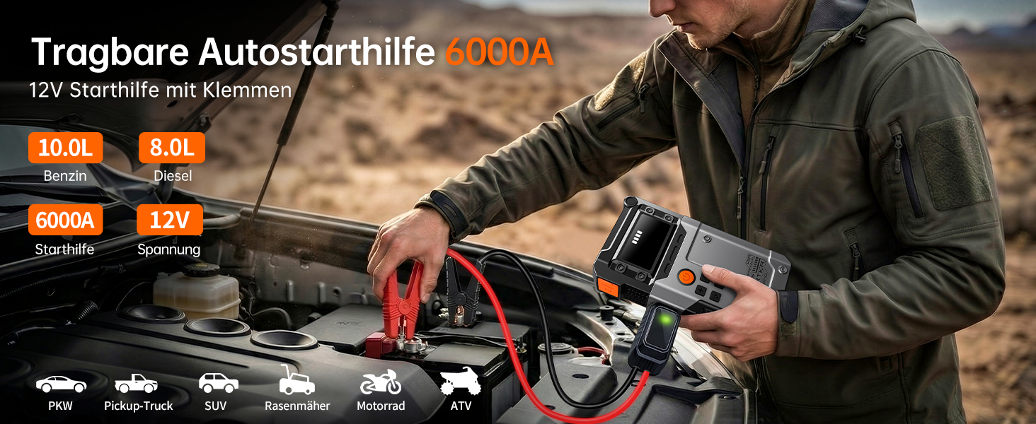 Бустер для автомобіля Starthilfe Powerbank 6000A — Пусковий пристрій для всіх типів авто, чорно-сірий