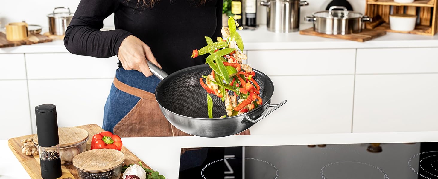 Вафельниця Moritz & Moritz з нержавіючої сталі 30 см з керамічним покриттям нового покоління - підходить для всіх типів плит - антипригарний вок з комірчастою структурою для смаження, тушкування та варіння без кришки