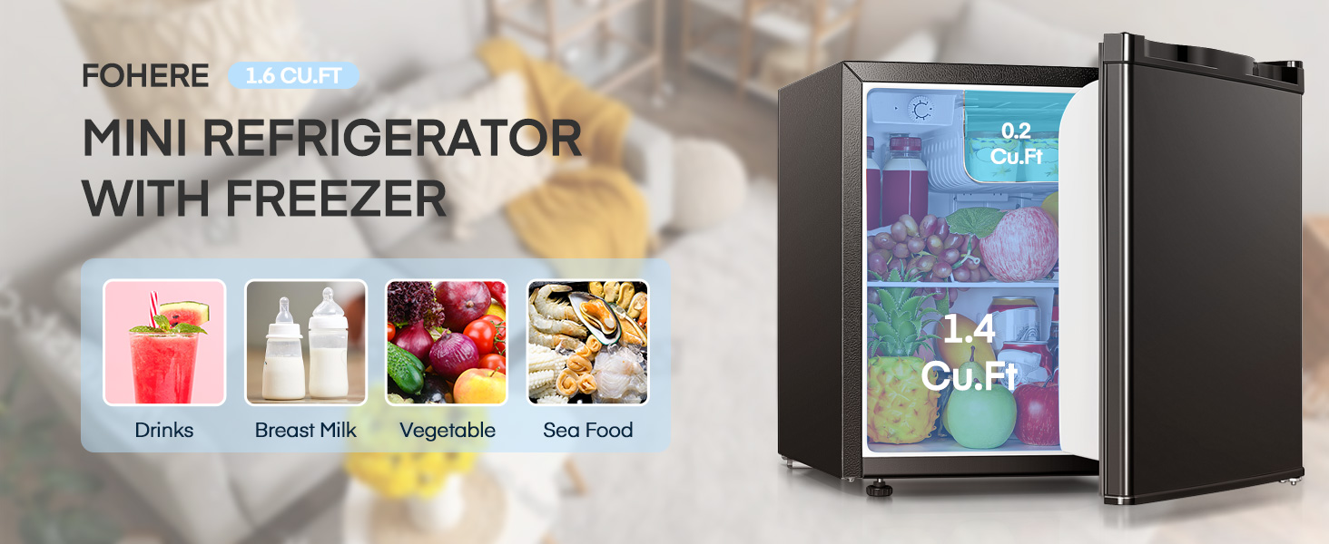 Міні-холодильник E 46L з морозильною камерою, енергоощадний, регулювання температури, рівень шуму 42 дБ, чорний — для офісу, кухні та спальні