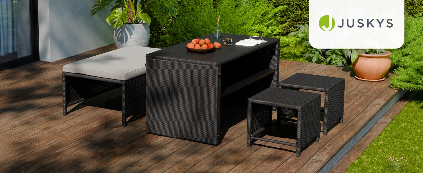 Набір садово-розкладних меблів Juskys Jamaika 2в1: стіл та садова лаунж-група - для балкона, саду, тераси. Чорний поліротанг