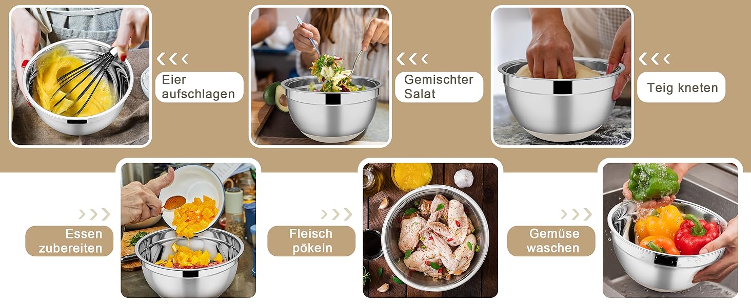 Набір мисок HaWare 6 шт. з нержавіючої сталі з кришками та набором терок, 4.6л/2.8л/2.5л/1.6л/1.2л/0.7л, з силіконовим дном, для миття в посудомийній машині