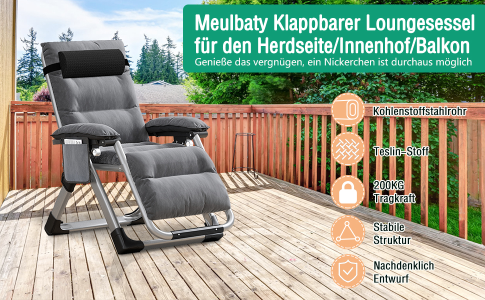 Складаний лежак з підголівником, 200 кг, сірий – для дому, балкону, пляжу, басейну