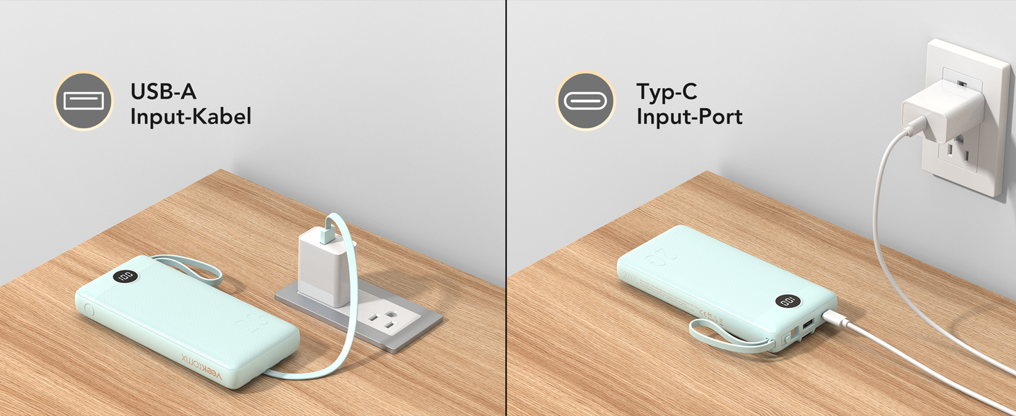 Виходів, інтегровані кабелі, USB C, сумісний з iPhone та іншими пристроями (синій), 20000mAh, 5