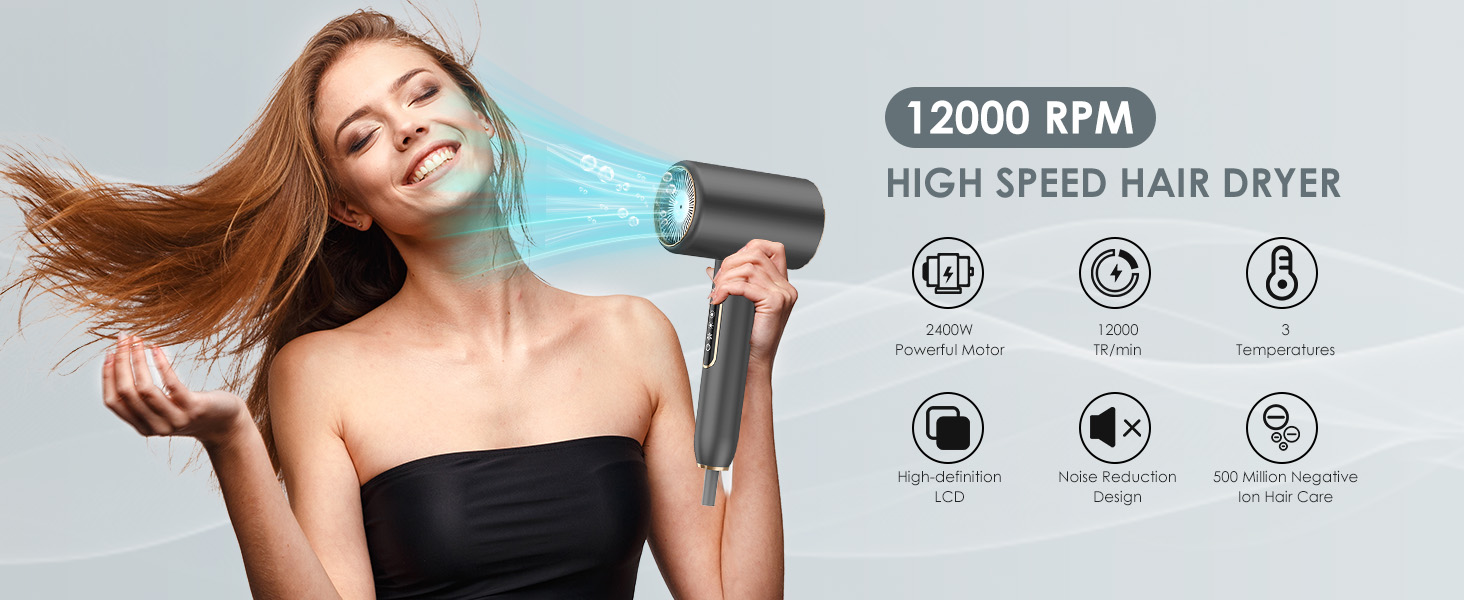Фен Bizcasa 2400W з іонізацією та LCD-дисплеєм, 3 режими температури, 2 швидкості, з насадкою-дифузором та стайлінговою насадкою, для подорожей/родини (Білий/Сірий)