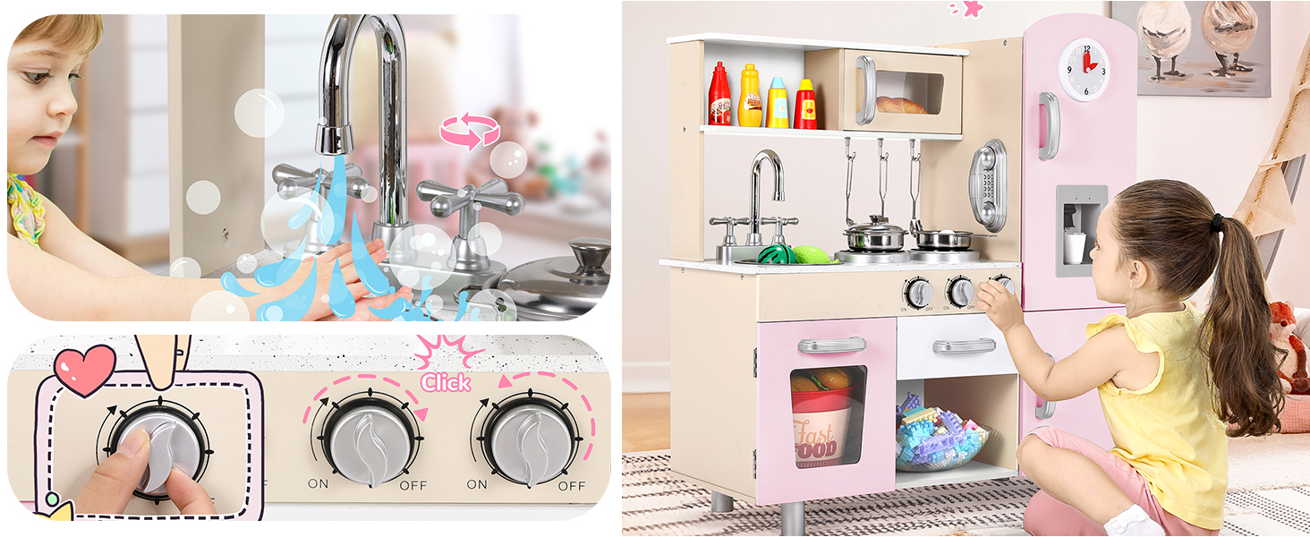Дерев'яна дитяча кухня Mamizо з аксесуарами, 81x74x30 см, світло та звук, для дітей від 3 років, біло-рожева