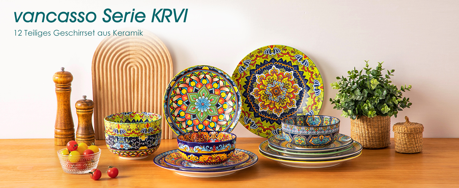 Набір посуду на 4 особи Vancasso KRVI 12шт: керамічний сервіз, сучасний стиль, богемський дизайн