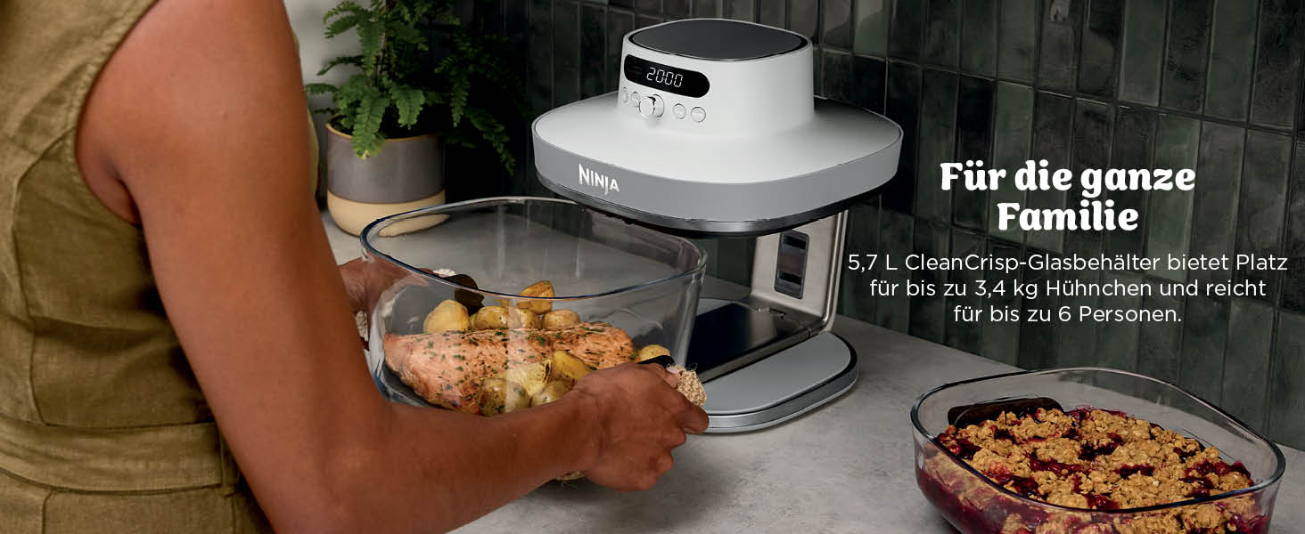 Скляна аерофритюрниця Ninja CRISPi PRO XL Air Fryer з 5 функціями, контейнерами CleanCrisp (5,7 л та 2,3 л) та кришкою для зберігання, біла, AS090EUGN