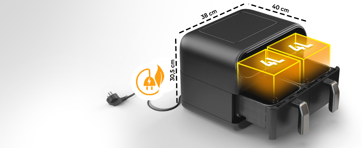Подвійна аерофритюрниця Stillstern 1-8 перс. 2x4 8 л, 200 C/дюйм 3 хв, функція струшування розроблена STILLSTERN, Same-End, 120 рецептів НІМЕЦЬКА, 8 програм, зневоднення, розморожування та підігрівання, фритюрниця чорна