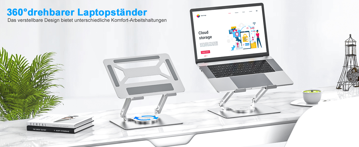Підставка для ноутбука BoYata настільна, регульована, з поворотним основанням 360°, ергономічна, складана, сумісна з MacBook Pro/Air, до 17 дюймів - срібна