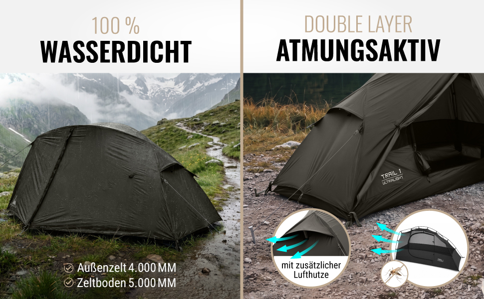 Ультралегкий намет для трекінгу та кемпінгу WANDERFALKE Trail на 1-2 особи, водонепроникний (4000 мм), компактний намет для байкпакінгу та подорожей, Dark Olive