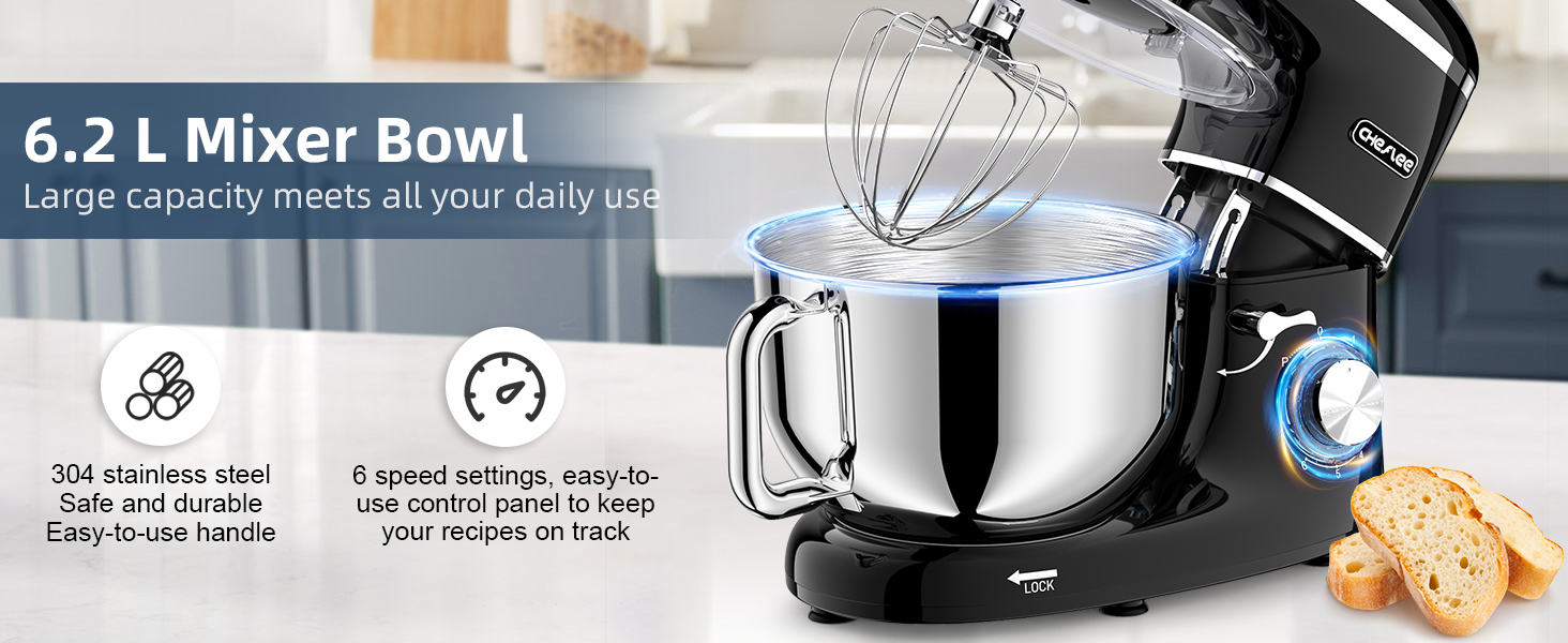 Кухонна машина Cheflee 2000W з чашею 6.2L з нержавіючої сталі, 6 швидкостей, низький шум, міксер, гак для тіста, захист від бризок, чорна