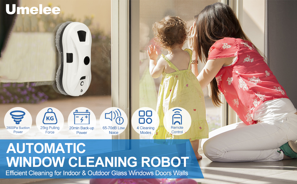 Робот для миття вікон Umelee з функцією розпилення води, 2800 Па, 10 мікрофібрових серветок, для внутрішніх та зовнішніх вікон