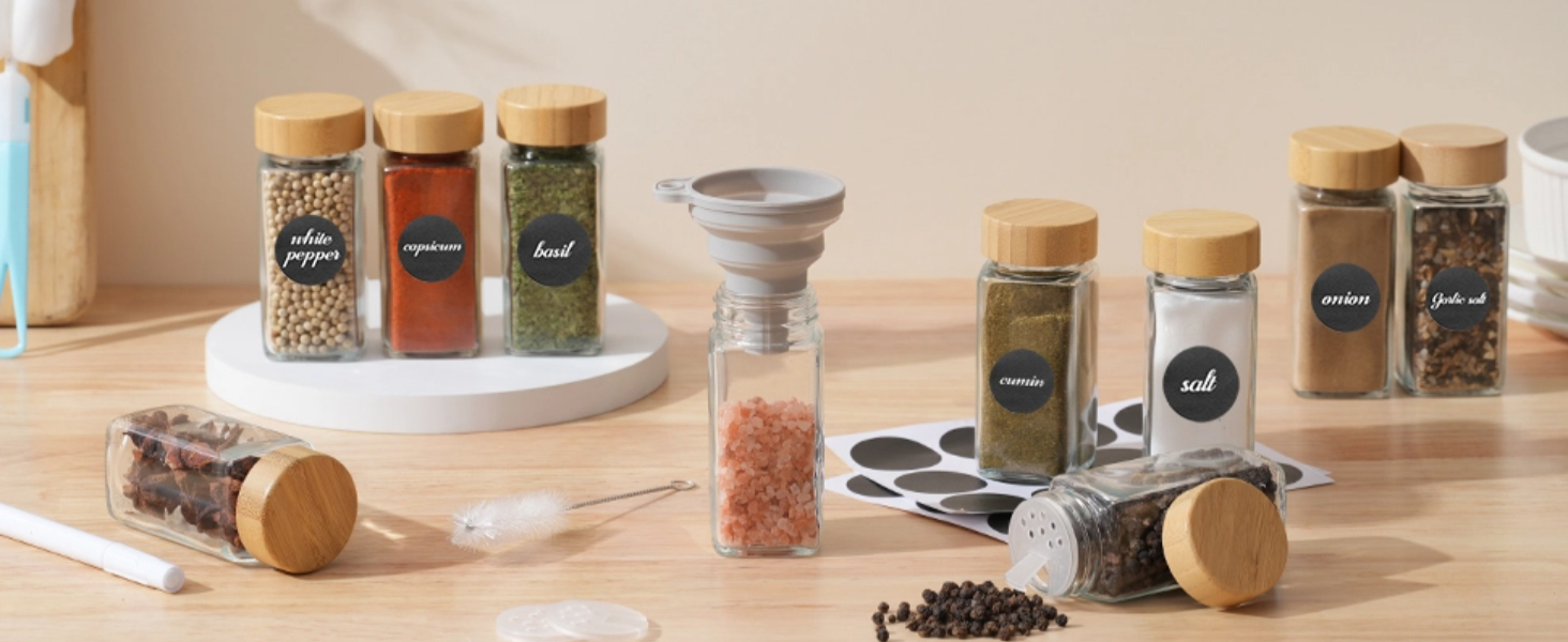 Набір скляних банок для спецій FRIBERG, 20 шт. з дерев'яними кришками, млини для спецій, етикетки