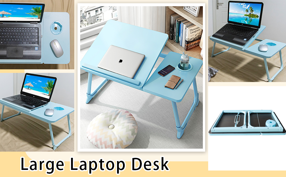 Стіл для ноутбука на ліжко з регульованими ніжками та тримачем для чашки, підставка для читання, стіл для сніданку на диван, ліжко, терасу, балкон (Білий, Синій)