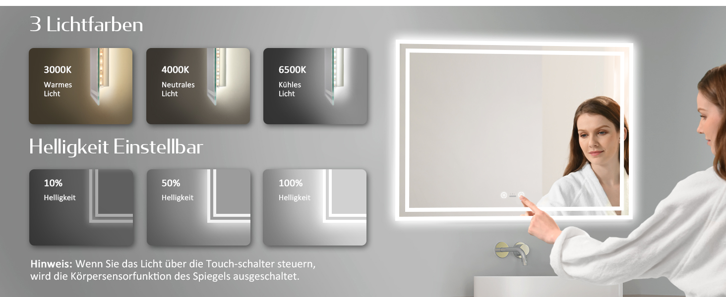 Дзеркало для ванної кімнати EMKE з підсвічуванням 80x60 см, LED, з датчиком руху, сенсорне, проти запотівання, 3 кольори світла, регулювання яскравості, таймер 1 год, IP44, енергозберігаюче