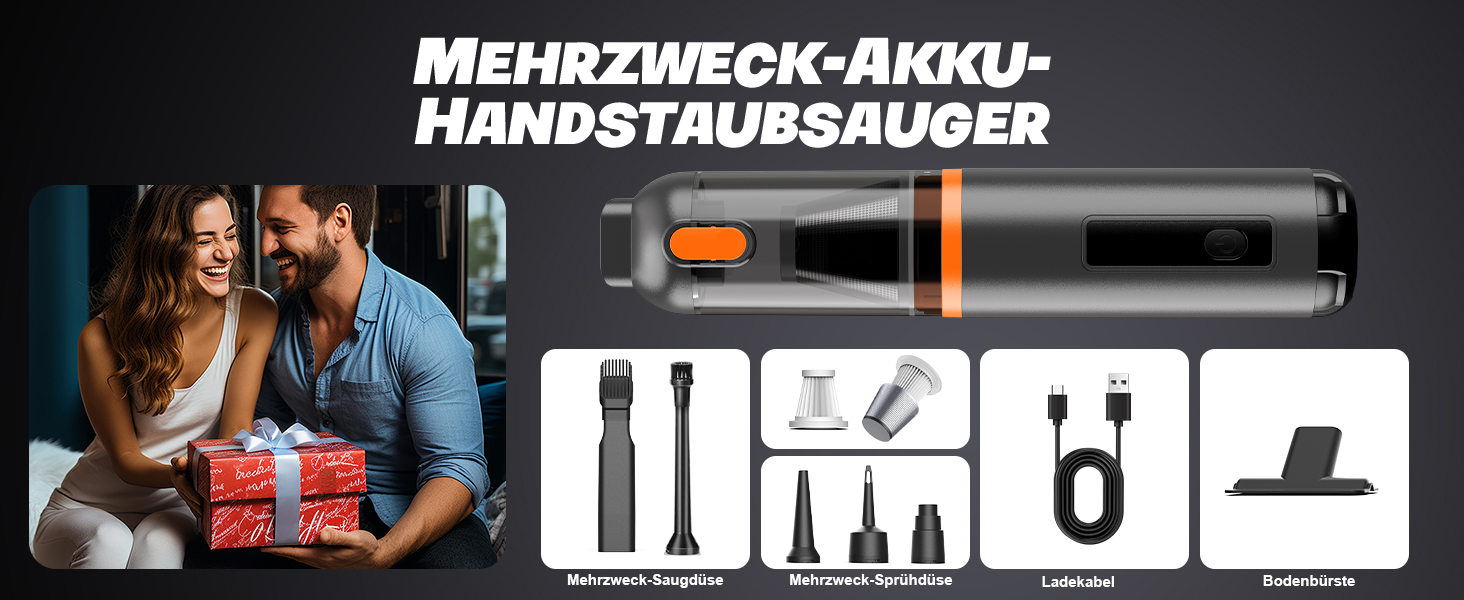 Акумуляторний ручний пилосос для авто та дому 4-в-1, безщітковий мотор, потужність 26000Па, 3 режими всмоктування, з підсвіткою (Помаранчевий)