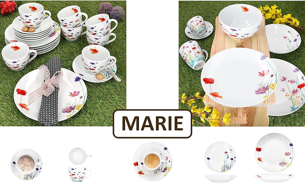 MamboCat Marie - 18-Piece Coffee Set | Porcelain Dinnerware with Floral Decor for 6 People | 6 Cups (190ml), Saucers & Plates for Breakfast & Coffee