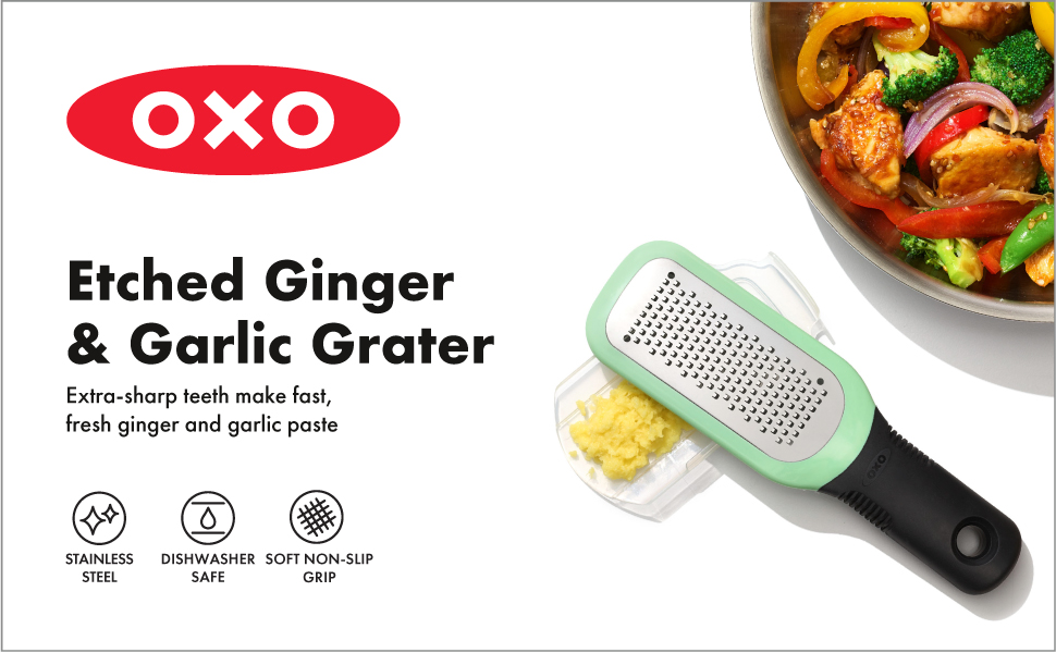 OXO Good Grips Терка для овочів з контейнером для збору – з нержавіючої сталі, для імбиру та часнику, срібна/чорна